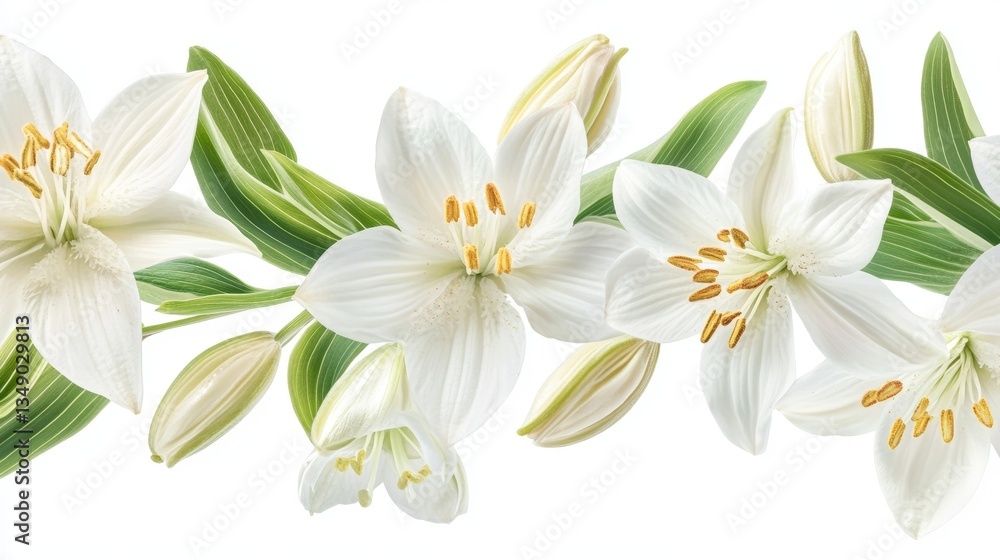 Fototapeta premium White Lily Floral Border, Floral Composition on Purity White Background, Isolated for Design