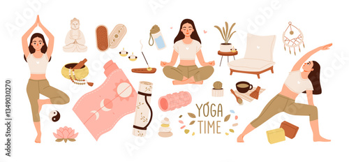 Yoga set. Woman in a tranquil meditation pose. Meditation practice. Concept of zen and harmony. Flat vector illustration of yoga items.