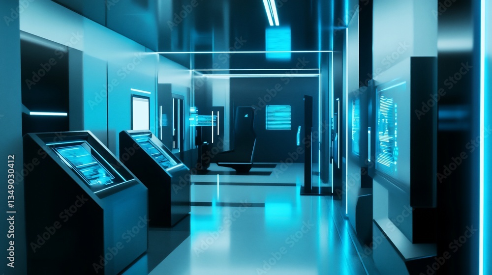 Fototapeta premium Futuristic Control Center with Advanced Technology and Blue Illumination