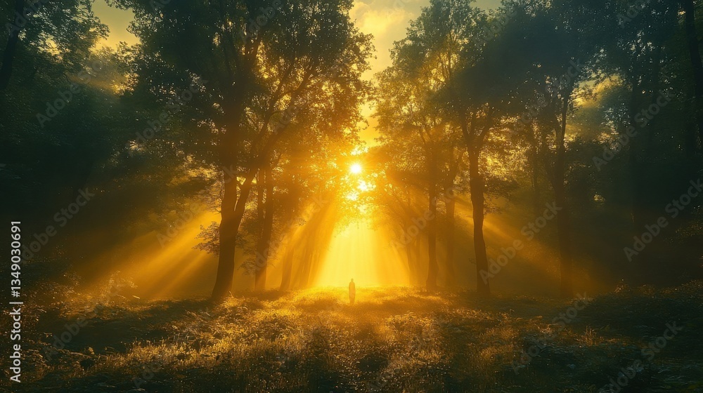 Golden Sunlight Streaming Through Forest Trees Creating A Peaceful Scene Golden Sunlight Streaming Through Forest Trees Creating A Peaceful Scene