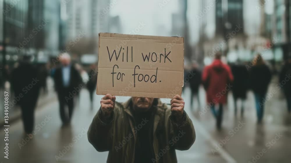 A homeless man holds a cardboard sign reading 
