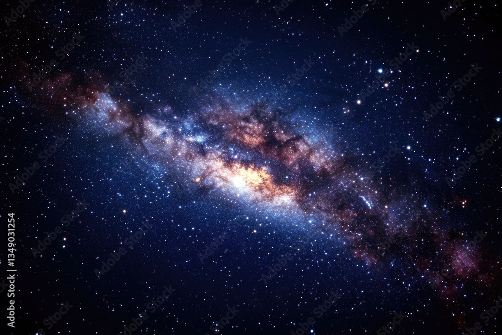 Obraz premium A starry sky with a large galaxy in the middle. The galaxy is filled with stars and is surrounded by a blue sky