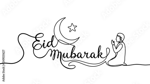 Continuous one line drawn of Eid Mubarak typography.. Moon, Star, Prayer, lantern, mosque. Vector isolated outline drawing. Simple and minimal design.