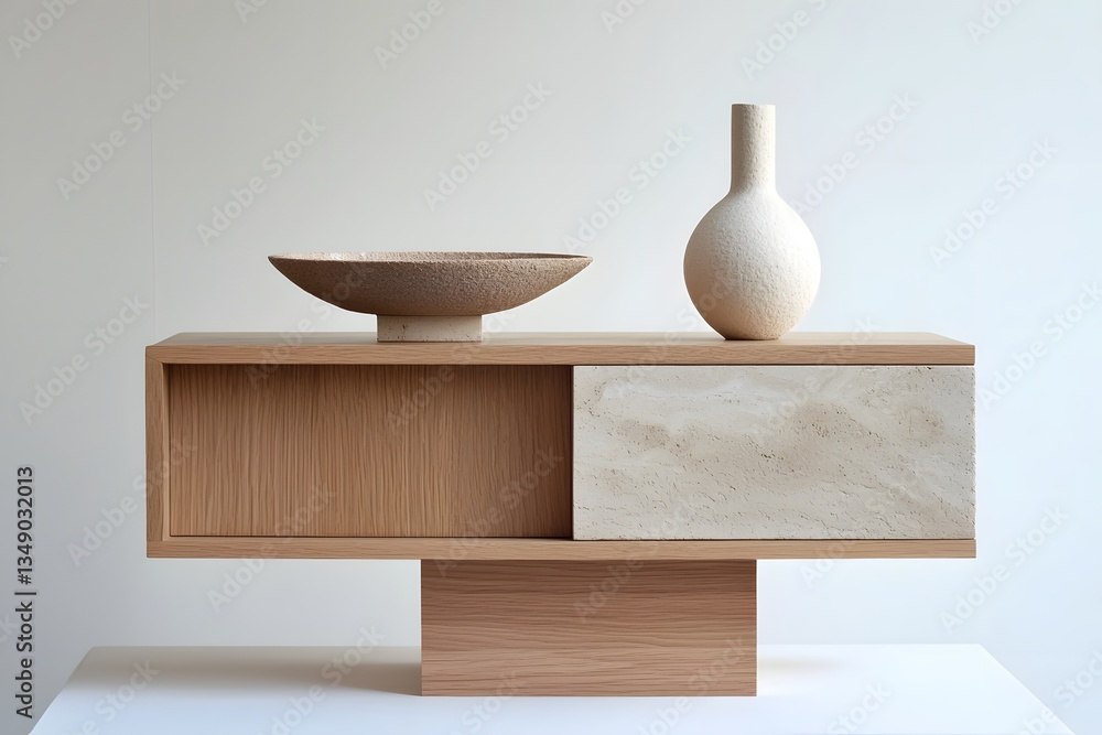 Balanced wood and ceramic display on a minimalist stand Balanced wood and ceramic display on a minimalist stand