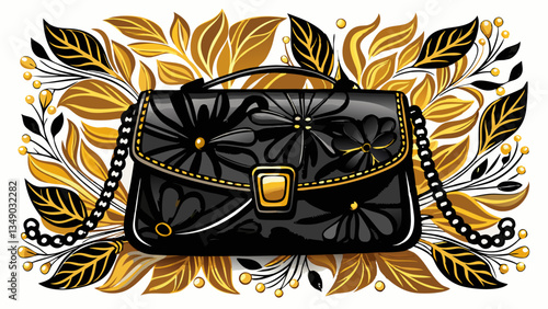 Black leather female bag clutch pattern on white background isolation