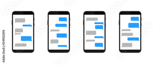 Smartphones show text messages in chat bubbles on screens. messages are in blue and gray colors.