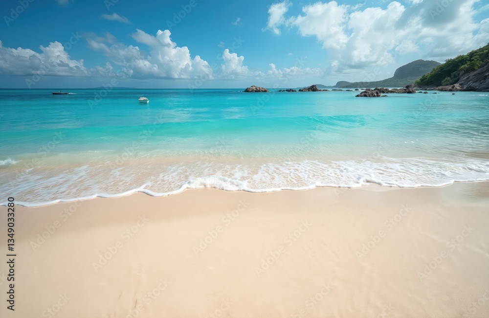 Obraz premium Scenic tropical beach with crystal turquoise water, white sand, blue sky and clouds. Ocean waves, boats, islands at horizon. Summer vacation paradise, travel destination, relax on shore.