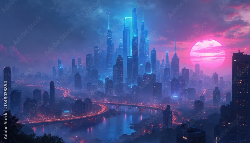 Fototapeta premium Futuristic cyberpunk city skyline in blue and purple colors. Glowing skyscrapers, night scene, urban landscape. Illustration of modern metropolis with vibrant atmosphere, neon lights, digital art.
