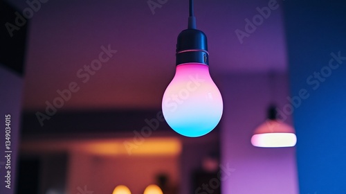 Illuminated smart bulb displaying a gradient of vibrant colors in modern space