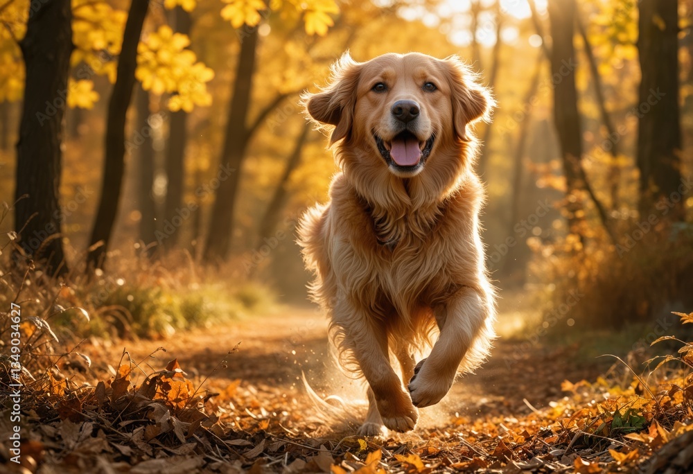 A golden retriever joyfully runs through a sun-drenched autumn forest A golden retriever joyfully runs through a sun-drenched autumn forest