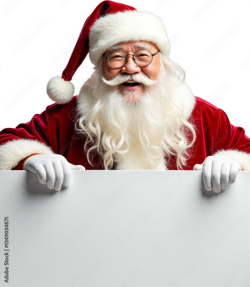 Naklejka premium Smiling person in red suit and hat holding blank sign with transparent background