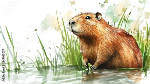 Spring capybara watercolor illustration spring clipart