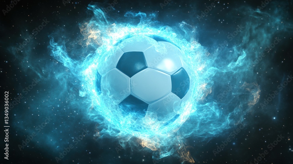 Fototapeta premium Fiery soccer ball engulfed in blue flames against a starry backdrop.