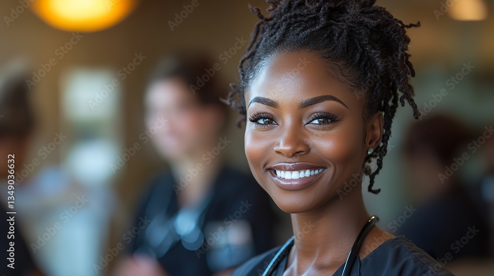 Fototapeta premium A radiant African American nurse smiles, with colleagues in the background.