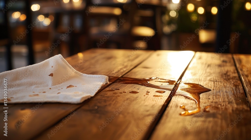 Naklejka premium Spilled Drink on Rustic Wooden Table in a Cozy Cafe