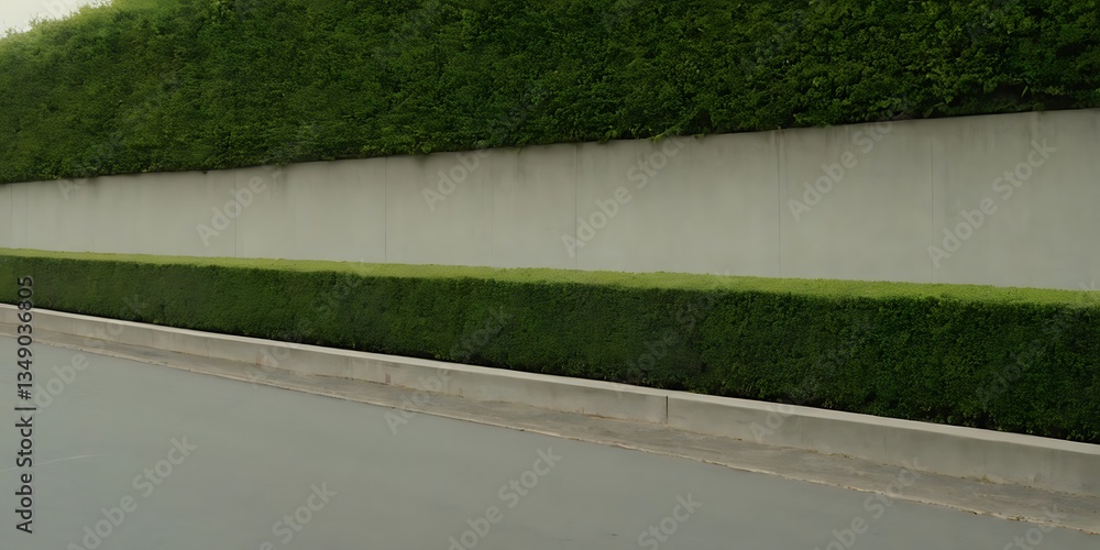 Fototapeta premium A long concrete wall with a hedge on top, next to a cement sidewalk and an asphalt street, creates a background suitable for a copy space image.foliage, asphalt, concrete, hedge, sidewalk, 7