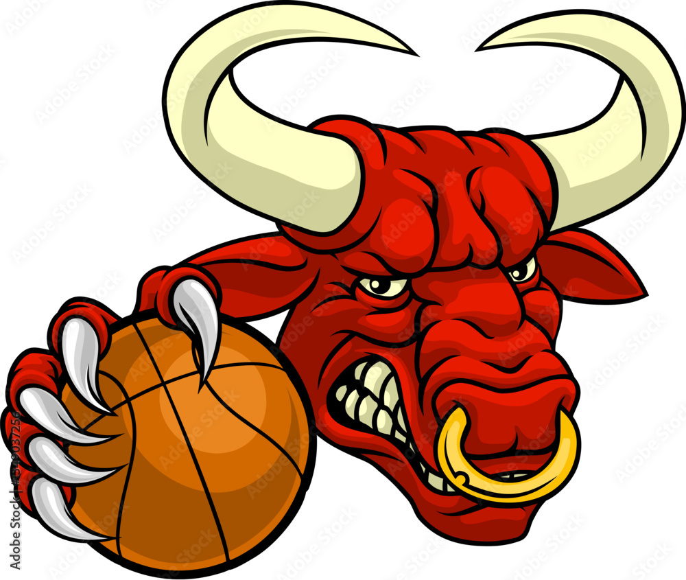 Fototapeta premium A bull or Minotaur monster longhorn cow angry mean basketball mascot cartoon.
