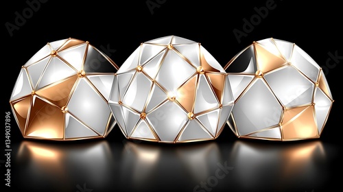 Three elegant geometric spheres in white and gold.