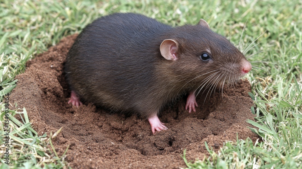 Wild Brown Rat, Rattus Norvegicus, Emerging From Its Burrow In The Ground, Looking Alert. Wild Brown Rat, Rattus Norvegicus, Emerging From Its Burrow In The Ground, Looking Alert.
