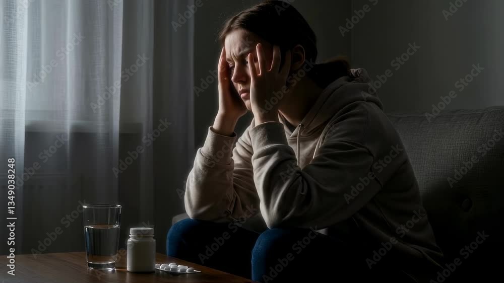 A distressed woman sits alone in a dimly lit room, holding her head in her hands. A glass of water and medicine bottles on the table suggest pain, stress, or illness  