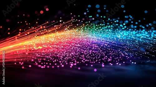 Colorful light particles flowing across a dark background with effects