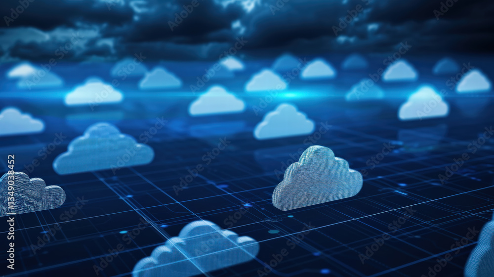 Fototapeta premium Clouds floating over digital grid symbolize secure cloud computing