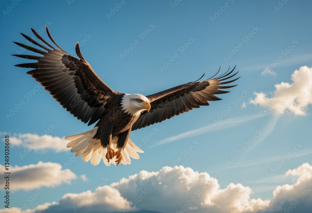 Naklejka premium An eagle soars powerfully through a bright blue sky filled with clouds