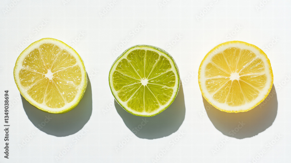 Slices of fresh lemon and lime arranged in row