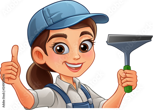 A woman female window cleaner or car wash worker holding a squeegee cleaning tool.