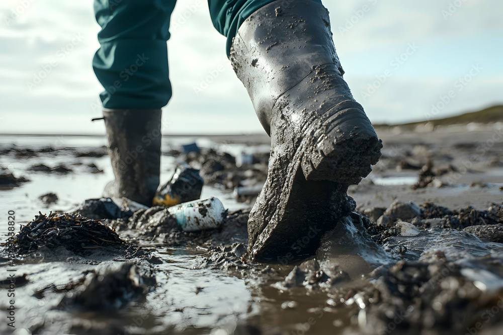 Obraz premium Volunteer collecting litter on a muddy beach, bottom view focusing on environmental care