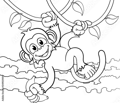 A monkey cartoon character singing on jungle vines with banana