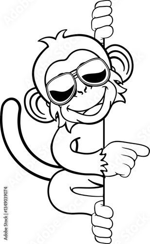 A cool monkey cartoon character animal wearing sunglasses or shades peeking around a sign and pointing at it