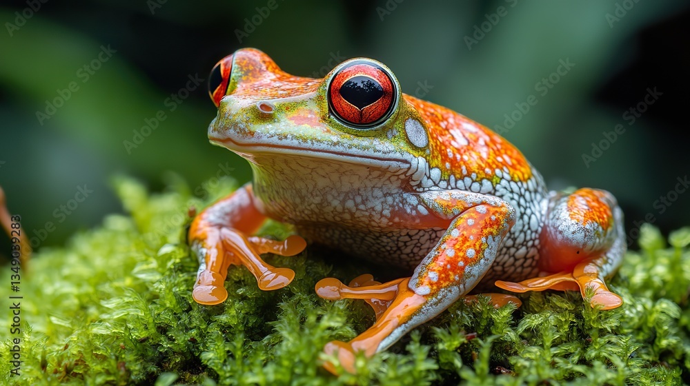 Obraz premium A red eyed frog on moss shows its colors in a rainforest.