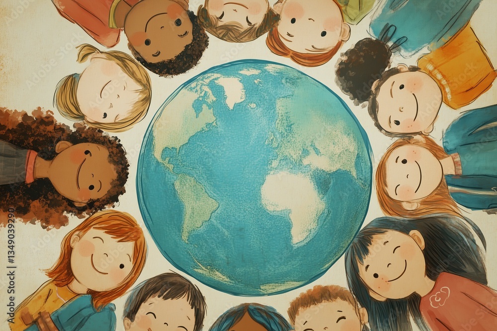 An illustration of communication between different children around the world An illustration of communication between different children around the world