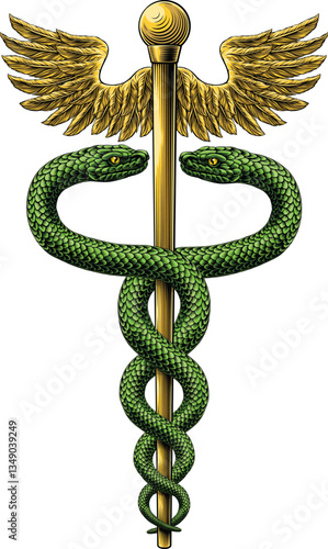 Caduceus staff of Hermes medical or commerce symbol. Snakes around a winged rod. Often used in place of the rod of Asclepius doctor icon for medicine and health care. Vintage woodcut etching style.