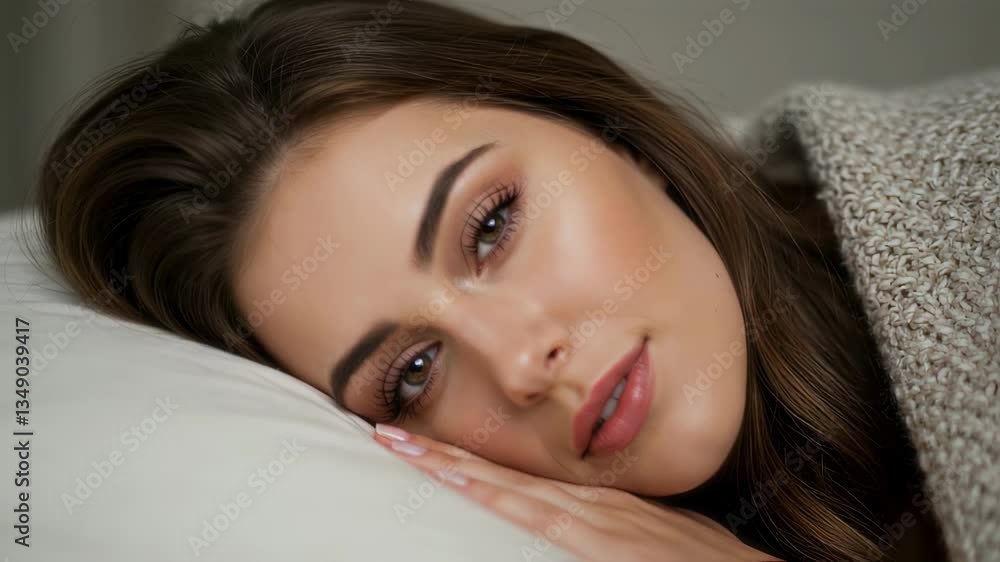 A close-up portrait of a young woman resting her head on a soft pillow, gazing peacefully. Her warm expression and cozy sweater highlight relaxation and comfort A close-up portrait of a young woman resting her head on a soft pillow, gazing peacefully. Her warm expression and cozy sweater highlight relaxation and comfort
