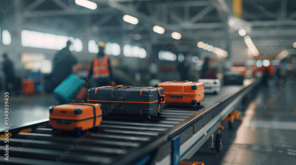 Obraz premium Luggage on conveyor belt in busy airport terminal