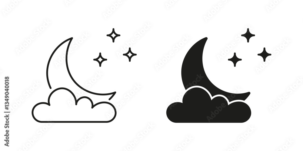 Naklejka premium Crescent Moon with Cloud and Stars Line and Silhouette Icon Set. Peaceful Nighttime Sky Symbol. Editable Stroke. Isolated Vector Illustration