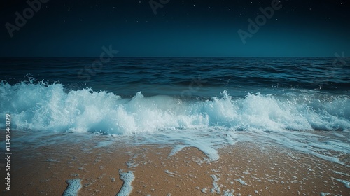 Fototapeta Naklejka Na Ścianę i Meble -  Majestic Ocean Wave Crashing on Serene Shoreline Under Clear Blue Sky Inviting Tranquil Nature Vibes