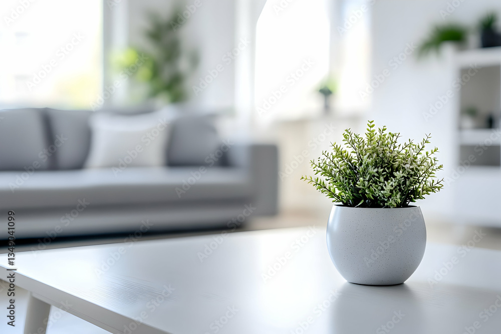 Fototapeta premium White table with blurred modern living room background, offering a clean design for web and social media