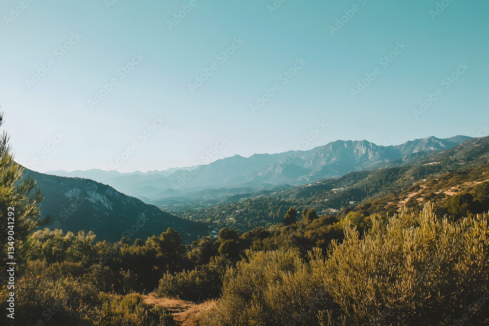Obraz premium Wide-angle landscape featuring a clear sky with mountains in the background, suitable for product placement or text