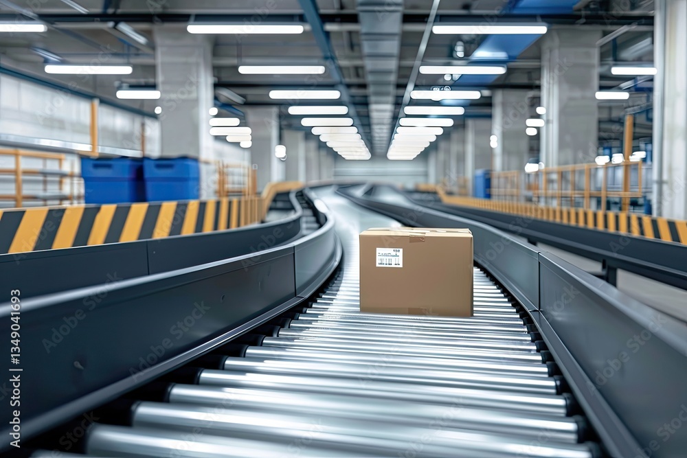 Cardboard box travels along the conveyor belt in a large warehouse Cardboard box travels along the conveyor belt in a large warehouse