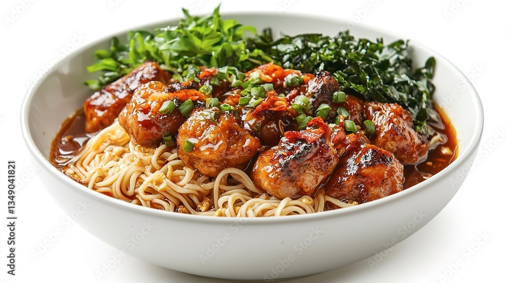 A white bowl filled with noodles and meat with toppings of green herbs A white bowl filled with noodles and meat with toppings of green herbs