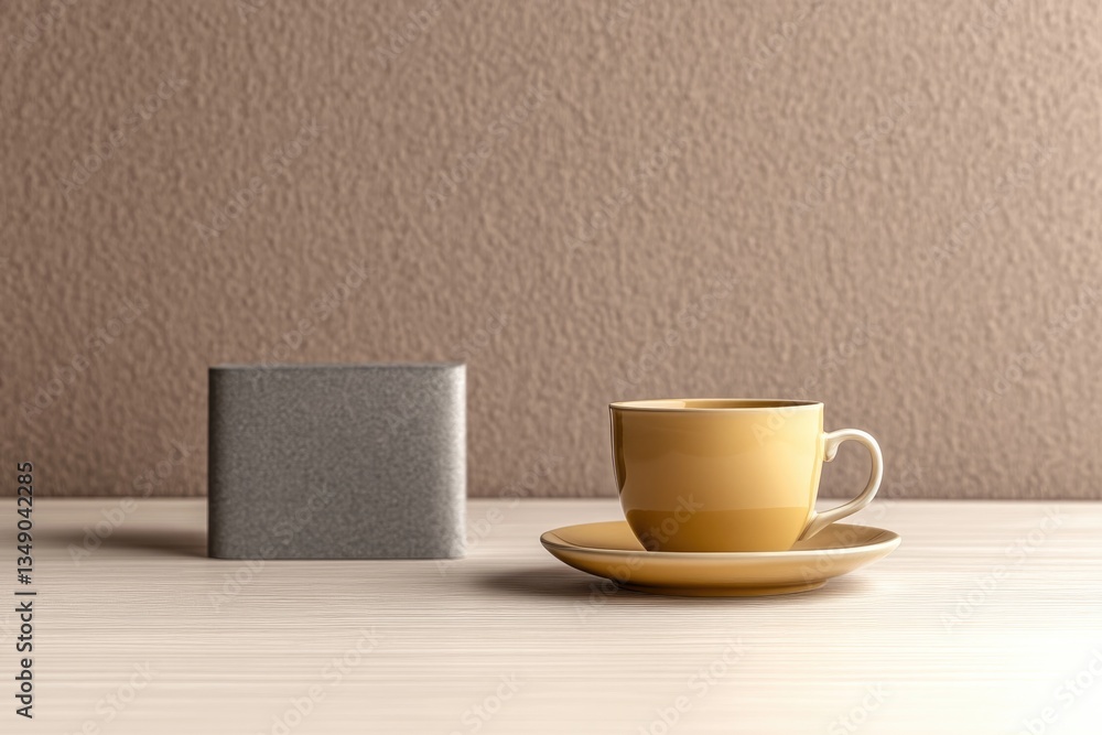 Obraz premium Minimalist scene features yellow cup on saucer beside grey block