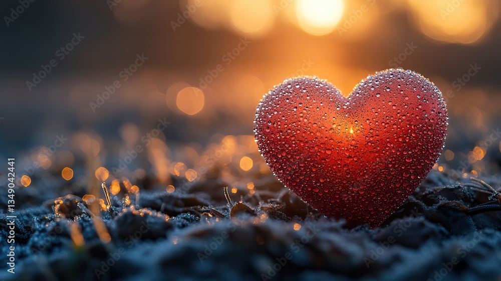 A red heart rests on dew-covered ground at sunset, a romantic spring scene. A red heart rests on dew-covered ground at sunset, a romantic spring scene.