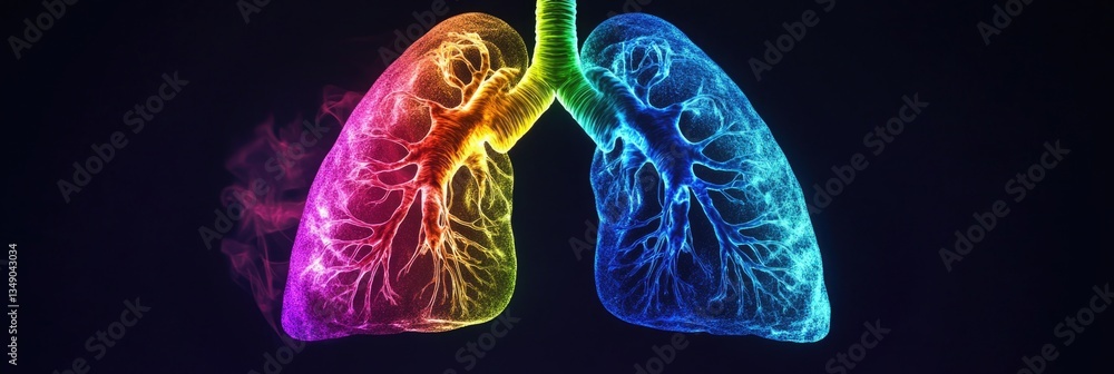 This image shows a close-up of human lungs with vibrant, multicolored imagery representing the diversity of lung health or disease. This image shows a close-up of human lungs with vibrant, multicolored imagery representing the diversity of lung health or disease.