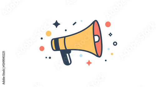 Stylized megaphone icon with colorful elements on white background with copy space