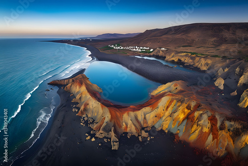 aerial view of volcano, Aerial View Of Scenic Coastal Landscape With Vibrant Colors