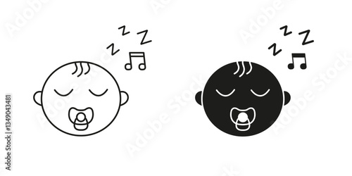 Sleeping Baby with Pacifier Line and Silhouette Icon Set. Infant with Lullaby and ZZZ Sign Symbol. Editable Stroke. Isolated Vector Illustration
