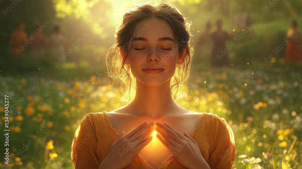 serene young woman standing in golden sunlight with hands on chest glowing with warmth practicing gratefulness surrounded by wildflowers in nature